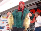 The biggest comeback of the day went to pro Jon Jezierski of Troy, Mich., who hauled in the biggest stringer of the tournament yet, five fish weighing 23-3, and leaped up to sixth place. The smallmouth in his right hand weighed 5 pounds, 4 ounces and won the day