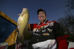 The man can catch smallmouth anywhere: Larry Nixon shows off a smallie, which is huge - and rare - by Old Hickory standards, that he caught Thursday.