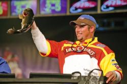 FLW Tour pro Bobby Lane weighs in a bass during the finals of one his first FLW Tour tournaments.