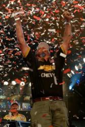 The confetti flies and Greg Hackney erupts when he realizes he won 2005 Land O'Lakes Angler of the Year.