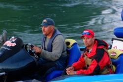 Pro Jim Tutt of Longview, Texas, and co-angler Tim Longenbaugh of Columbia City, Ind., head out for day-one action on the Detroit River.