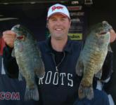 Jeff Zeisner displays a pair of bass from his 18-pound, 8-ounce limit that landed him in second place on the co-angler side.