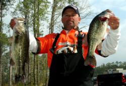 Pro Chris McCall of Jasper, Texas, caught a two-day total of 10 bass weighing 34 pounds, 3 ounces to lead day two of the Stren Series Central Division event on Sam Rayburn Reservoir.