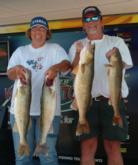 Pro John Schneider and co-angler Flo Swank show off part of their five-walleye limit caught on day two.
