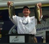 Co-angler Kevin Whitaker tied for the lead after day one on the Mississippi River with a limit weighing 12-6.
