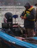 Jim Tutt zips up for the first day of competition on Sam Rayburn.