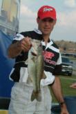 Co-angler leader Alan Hults brought in only two bass today but still leads his division by more than 6 pounds.
