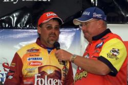 Scott Suggs is interviewed by fellow FLW Tour angler Chip Harrison during the Fishing with the Pros benefit event.
