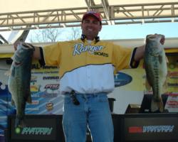 California pro Clayton Meyer caught a five-bass limit Friday that weighed 34 pounds, 5 ounces. 