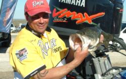 Pro Clayton Meyer leads all competitors with a two-day total of 10 bass weighing 46 pounds, 10 ounces.