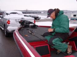 Wayne Hauser of Winston-Salem, N.C. makes a last-minute rigging adjustment before launching.