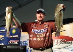 Snickers pro Greg Pugh rallied on day two and made the top-10 cutoff. His five-bass limit Friday weighed 17 pounds, 11 ounces.