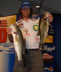 BP pro Jim Moynagh of Carver, Minn., is in third place with five bass for 14 pounds, 10 ounces.