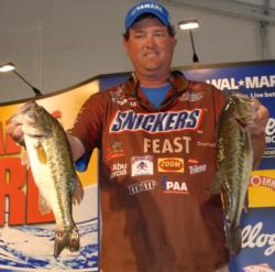 Snickers pro Chris Baumgardner of Gastonia, N.C., has checked in weights of 13-12 and 13-2 respectively for a two-day total of 26 pounds, 14 ounces.