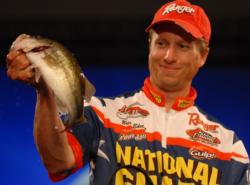 For the home team: Brent Ehrler of Redlands, Calif., representing presenting sponsor National Guard lands in ninth place on day three with five bass for 8-6.