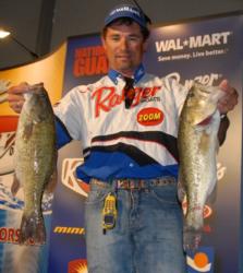 Pro Joel Richardson of Kernersville, N.C., is tied for second place with five bass for 14 pounds.