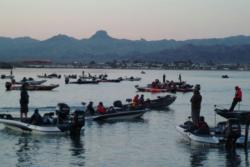 Anglers prepare for the start of the second day of FLW Series competition on Lake Havasu.