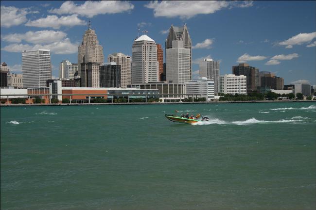 Bass anglers traverse the Detroit River on their way back from Lake St. Clair.