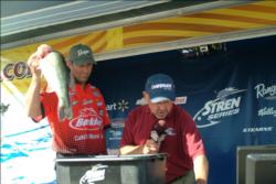 Duane Dunstone of Reno, Nev. wowed the crowd at the weigh-in with this 5 pound, 11 ounce bass, the Folgers Big Bass of day two. Dunstone heads into the final round in fifth place.
