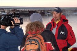 Current Walmart Open tournament leader Jason Christie conducts one final interview before the start of takeoff.