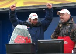 Pro leader Michael Yoder celebrates after weighing in his day-two catch.