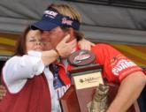 Scott Martin gets a victory hug from his proud mom Mary Ann Martin.
