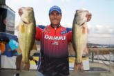 Bryan Thrift of Shelby, N.C., is in fifth place with five bass for 22 pounds, 13 ounces.