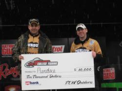 The Purdue University team of Chris Bookout and Michael Ruhana won first place overall at the FLW Central Division College Fishing event at Lake of the Ozarks. For their efforts, the duo earned $10,000 in scholarships.