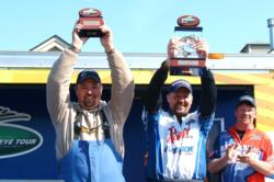 Dean Arnoldussen and Todd Macker hold up their trophies for winning the 2010 FLW Walleye Tour opener.