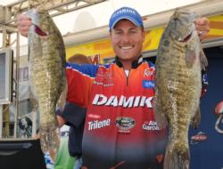 Red hot Bryan Thrift continues to dominate the FLW Tour by grabbing second place after day one with 20-3 of smallies.