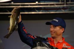 Pro Brent Ehrler shows off part of his winning catch shortly before capturing the FLW Tour title on Lake OUachita.