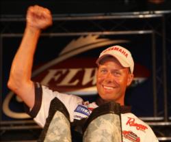 Pro Brent Long pumps his first in celebration after learning he won the 2010 FLW Tour event on Lake Guntersville.