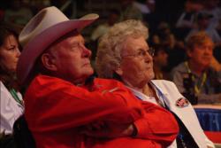 Ranger Boat founder and FLW Outdoors namesake Forrest L. Wood and his wife, Nina Wood take in the action during day-two weigh-in.