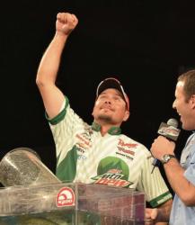 Jason Christie celebrates after winning the FLW Tour event on Lake Hartwell.
