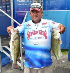 Co-angler Tony Dumitras sits in second place with a two-day total of 35 pounds, 3 ounces.