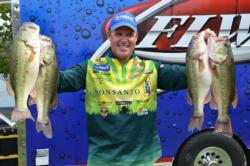 Shad Schenck of Waynestown, Ind., used a catch of 19 pounds, 14 ounces to grab a share of third place during the opening round of FLW Tour competition on Pickwick Lake. 