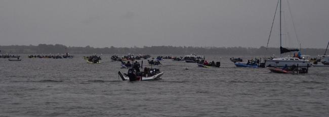 Walmart FLW Tour anglers blast off through the open waters of Lake Champlain.