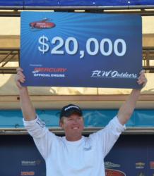 For winning the FLW Tour event on Lake Guntersville, co-angler Casey Martin earned $20,000.