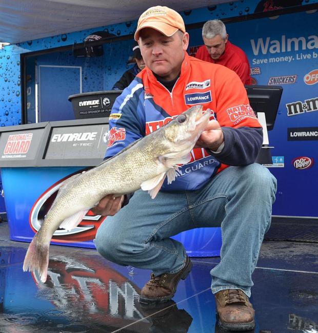 Fifth-place pro Robert Bruegger holds up his largest walleye from day three on the Mississippi River.