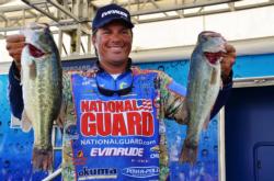 Scott Martin of Clewiston, Fla., held onto the overall lead at the FLW Tour Potomac River event for the third consecutive day. Martin now boasts a three-day total of 52 pounds, 15 ounces heading into Sunday