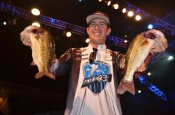 Jacob Wheeler of Indianapolis, Ind., shows off part of his three-day, 48-pound, 2-ounce catch. The 21-year-old continues his vice-like grip on first place at the 2012 Forrest Wood Cup.