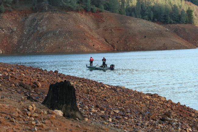 Low water in reservoir lakes reveals the kind of rocky bottom and occasional stumps that a football head will help you identify.