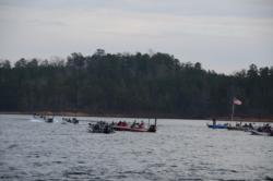 The first boats blast off to start day one of the Walmart FLW Tour on Smith Lake. 