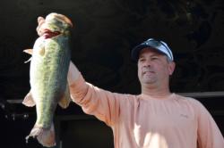 Co-angler Tim Beale of Hernando, Miss., holds up a massive 10-pound largemouth en route to a fourth-place finish at the EverStart Series event on Pickwick Lake.