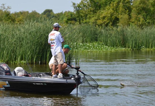 Bryan Thrift speed reels his fifth keeper of day two into the boat. 
