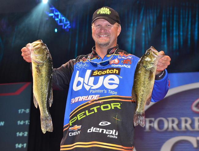 Fourth-place pro Ray Scheide holds up his two biggest bass from day two on the Red River.