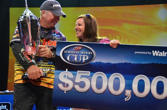 EverStart team pro Randall Tharp of Port Saint Joe, Fla., celebrates his 2013 Forrest Wood Cup victory with his wife Sara.