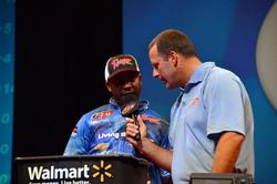 Mark Daniels Jr. talks to Chris Jones during his first time to fish the Forrest Wood Cup as a pro.