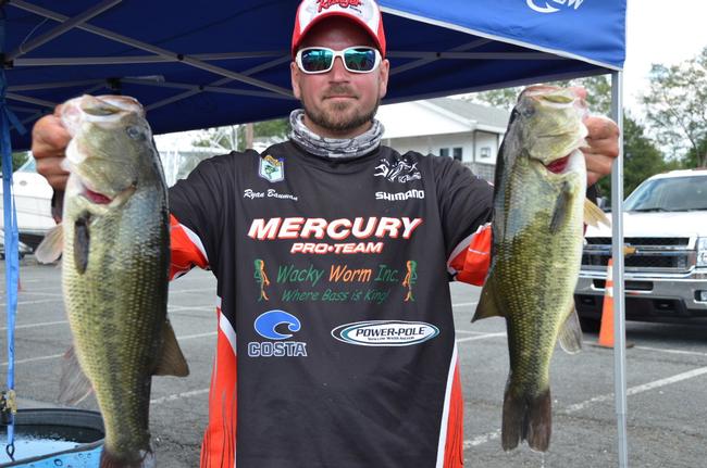 Co-angler Ryan Bauman of Fleetwood, Pa., qualified for the finals in third place with a total catch of 20 pounds, 12 ounces. Bauman also landed the day's big-bass award in the Co-angler Division after netting a 4-pound, 14-ounce largemouth.