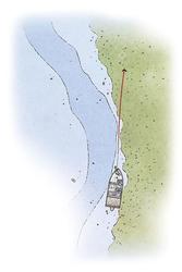 Hold boat in 22 to 24 feet of water and cast across the grass edge slightly less than parallel. In this illustration, the grass edge is between 15 and 18 feet deep. 
